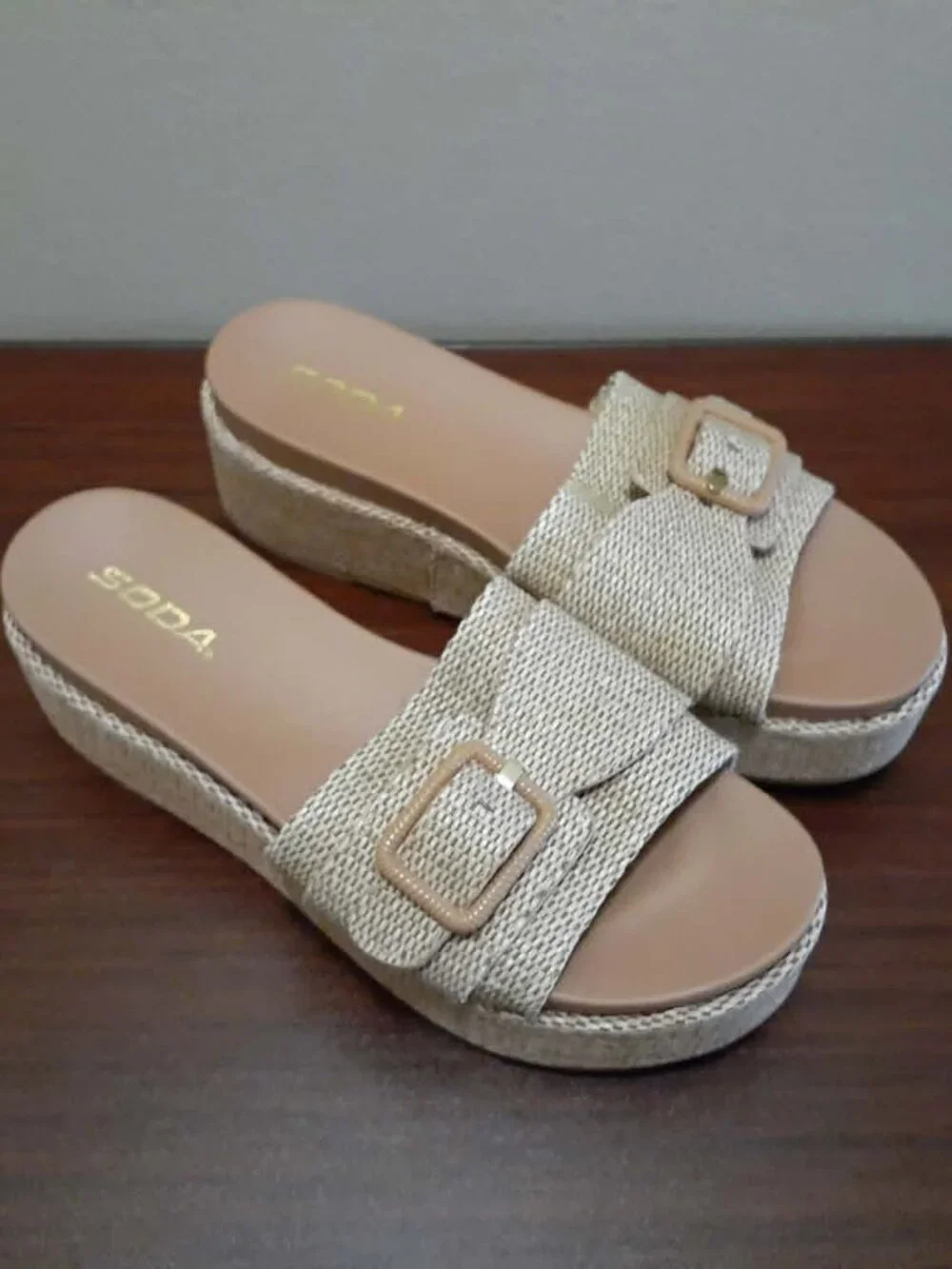 SODA Raffia Slide Platform Tan Sandals